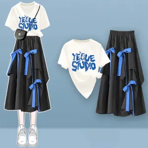 Cartoon Letter Print T-Shirt Irregular Bow Decor Skirt Two Piece Set