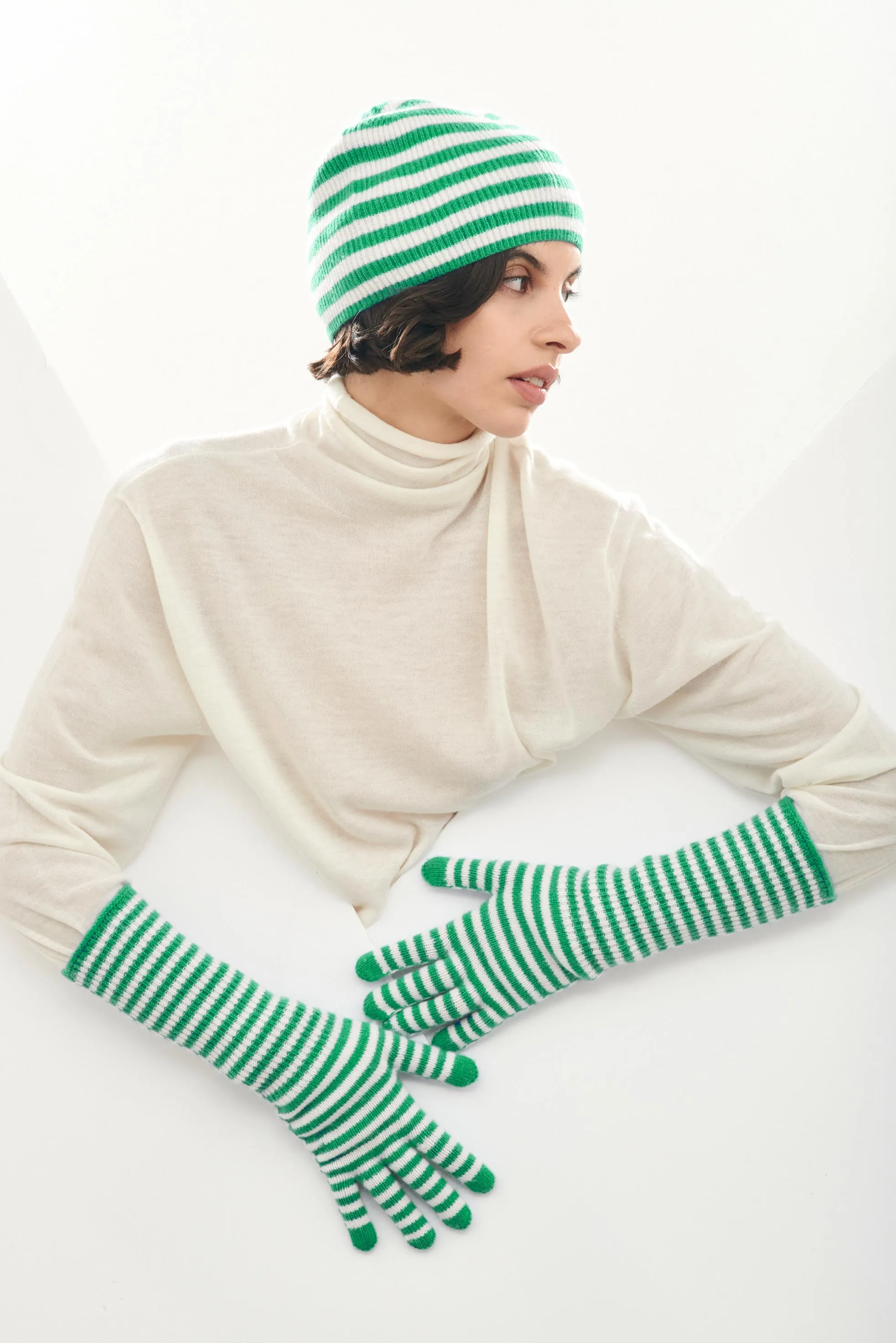 Cashmere Narrow Stripe Rib Beanie in Bright Green and Cream