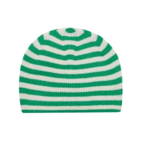 Cashmere Narrow Stripe Rib Beanie in Bright Green and Cream