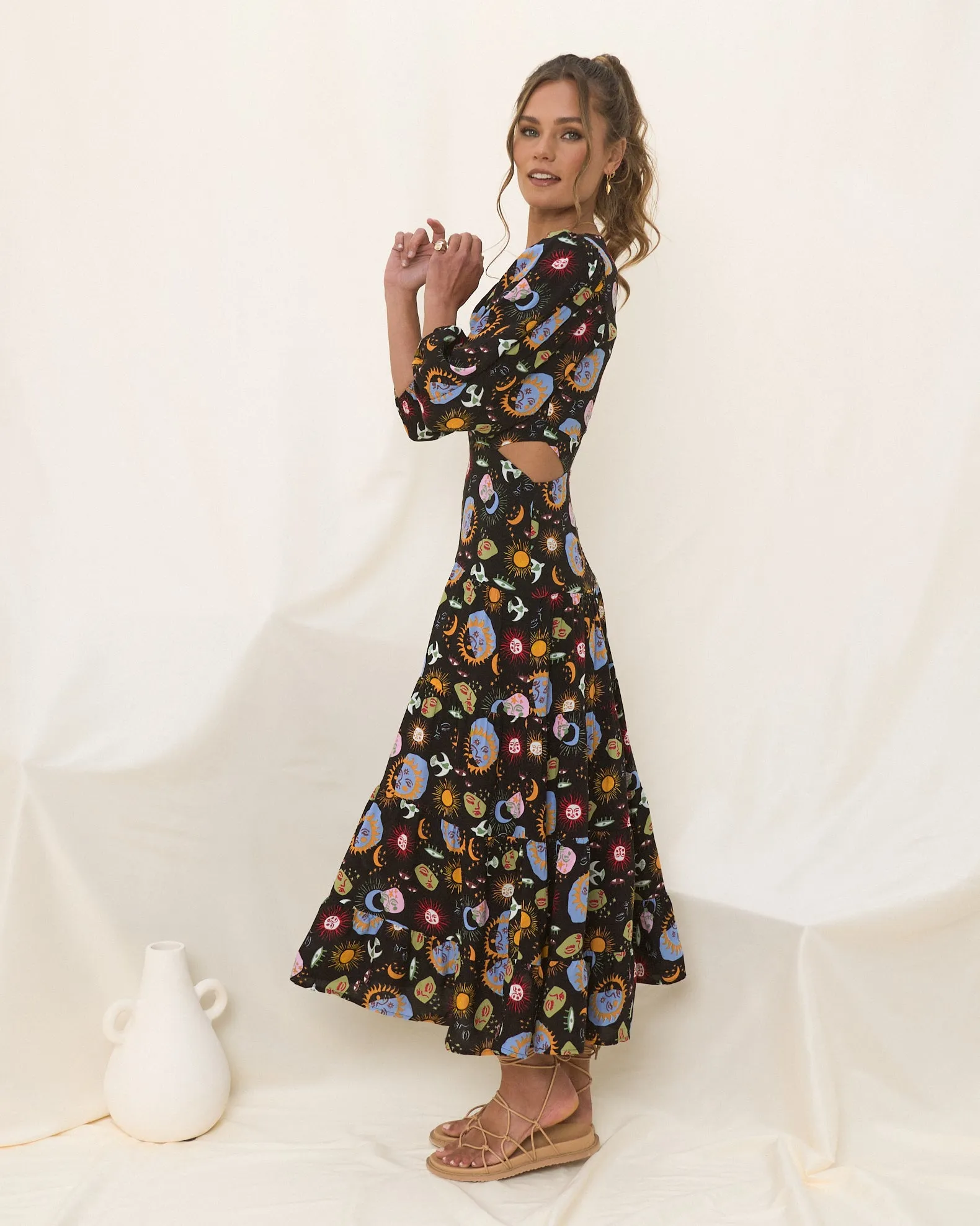 Celestia Black Abstract Sun and Moon Midi Dress