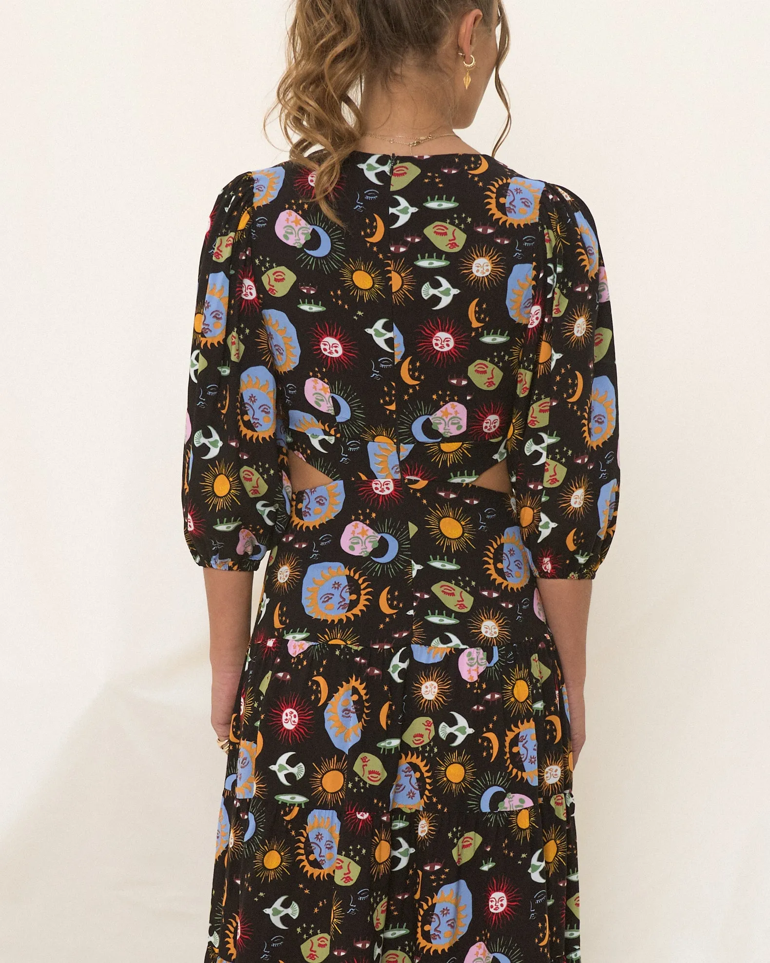 Celestia Black Abstract Sun and Moon Midi Dress