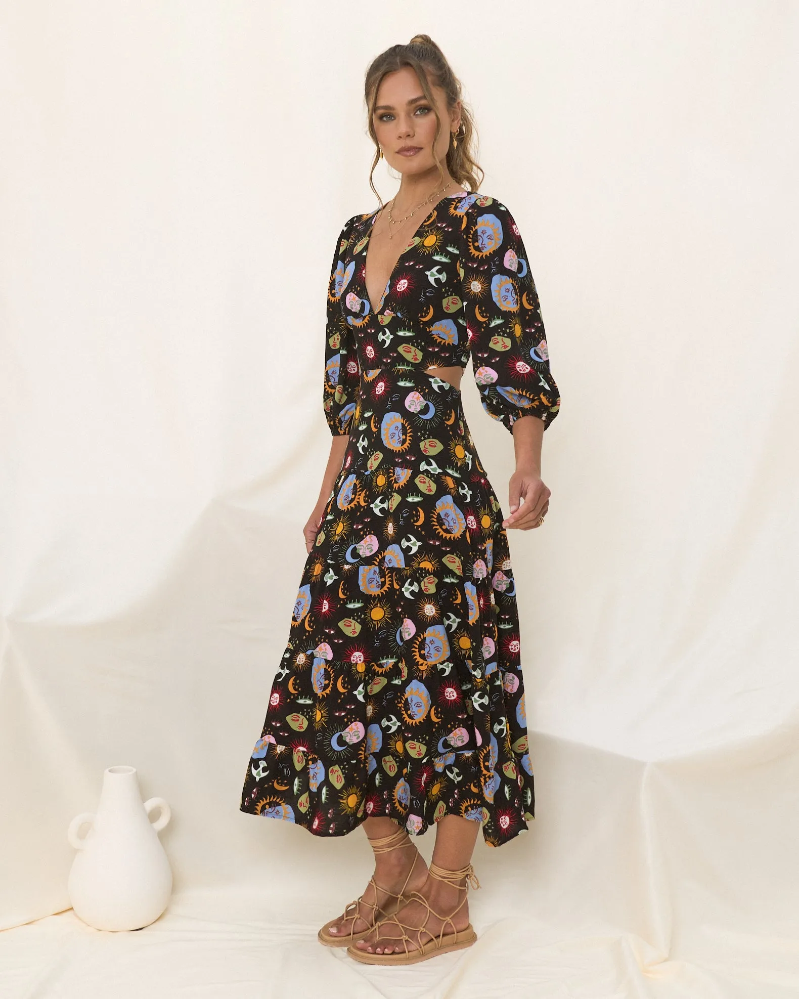 Celestia Black Abstract Sun and Moon Midi Dress