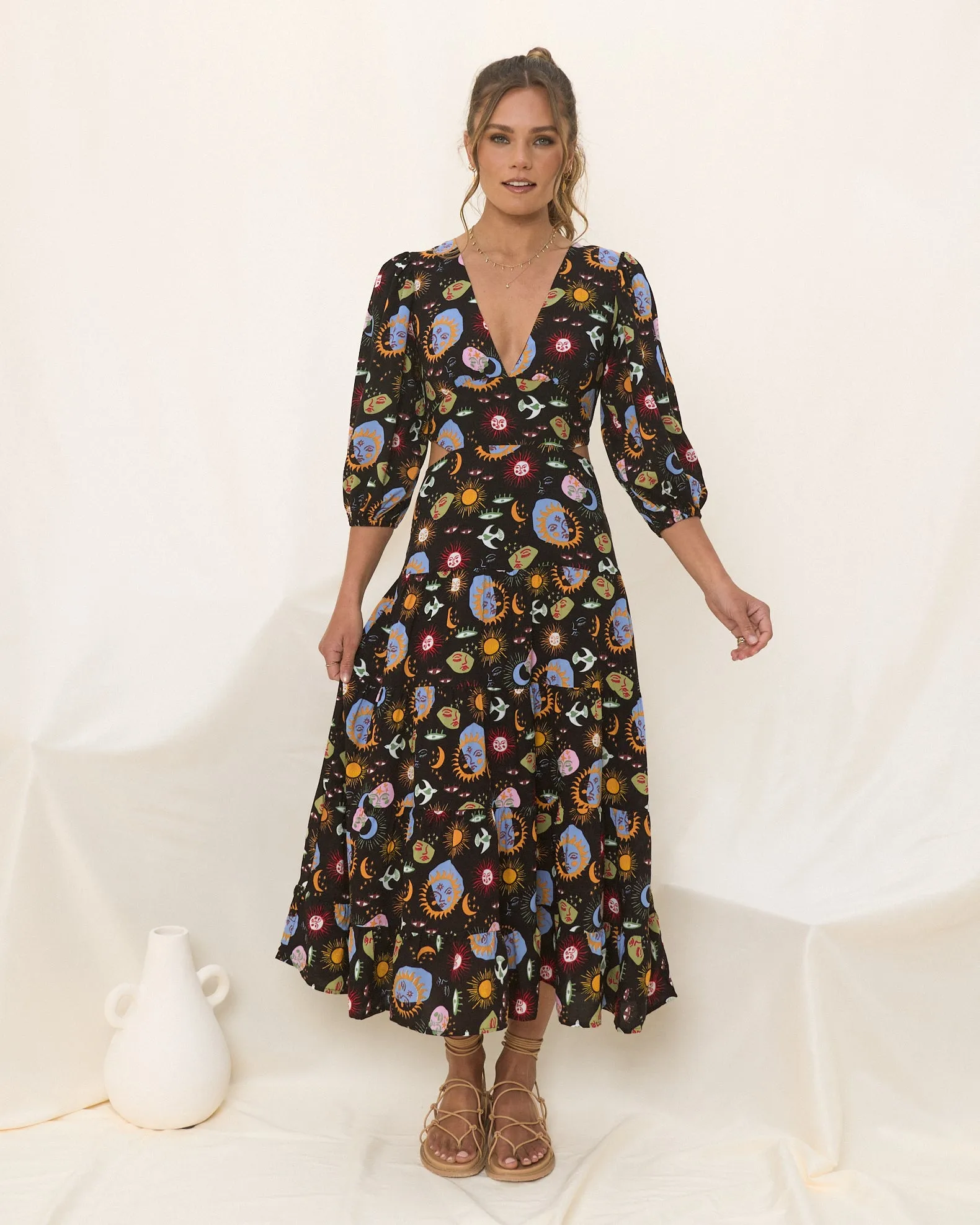 Celestia Black Abstract Sun and Moon Midi Dress