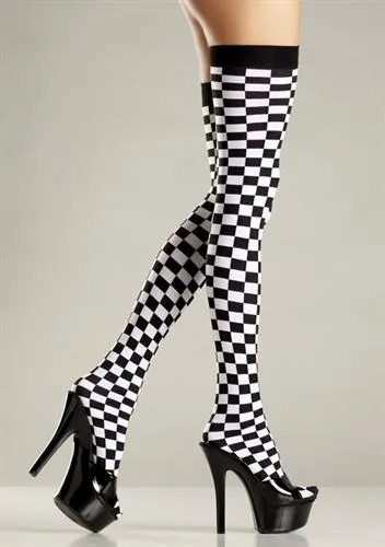 Checkerboard Thigh Highs - One Size - Black and White