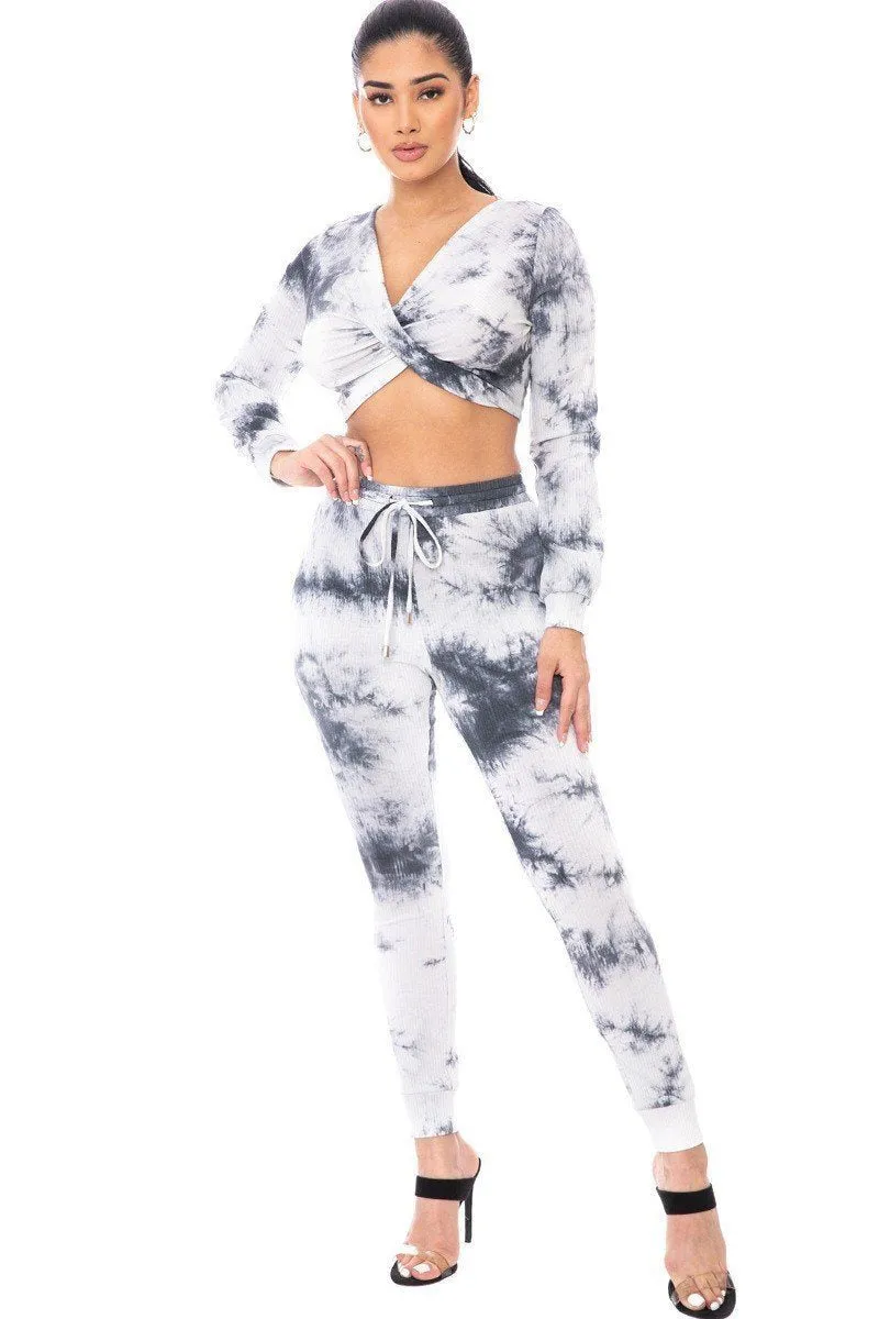 Chic Tie Dye Crop Top Full Length Pants Sweater Set