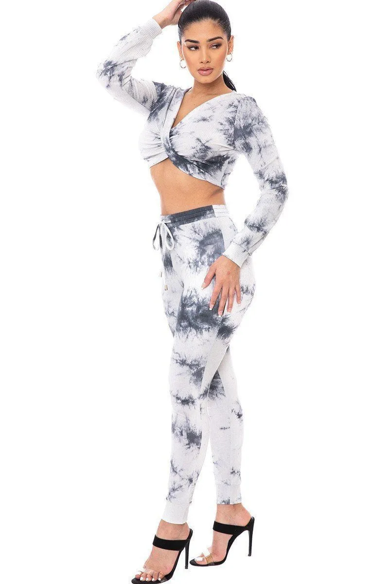 Chic Tie Dye Crop Top Full Length Pants Sweater Set