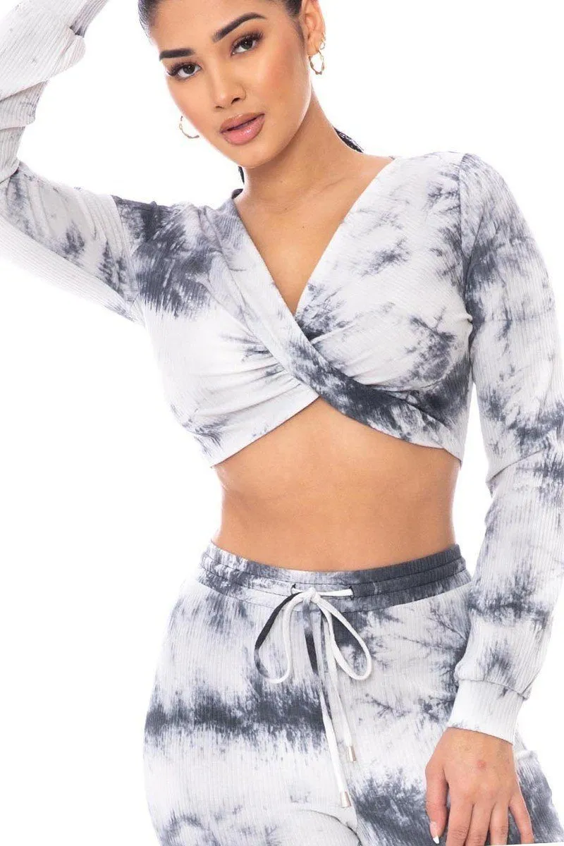 Chic Tie Dye Crop Top Full Length Pants Sweater Set