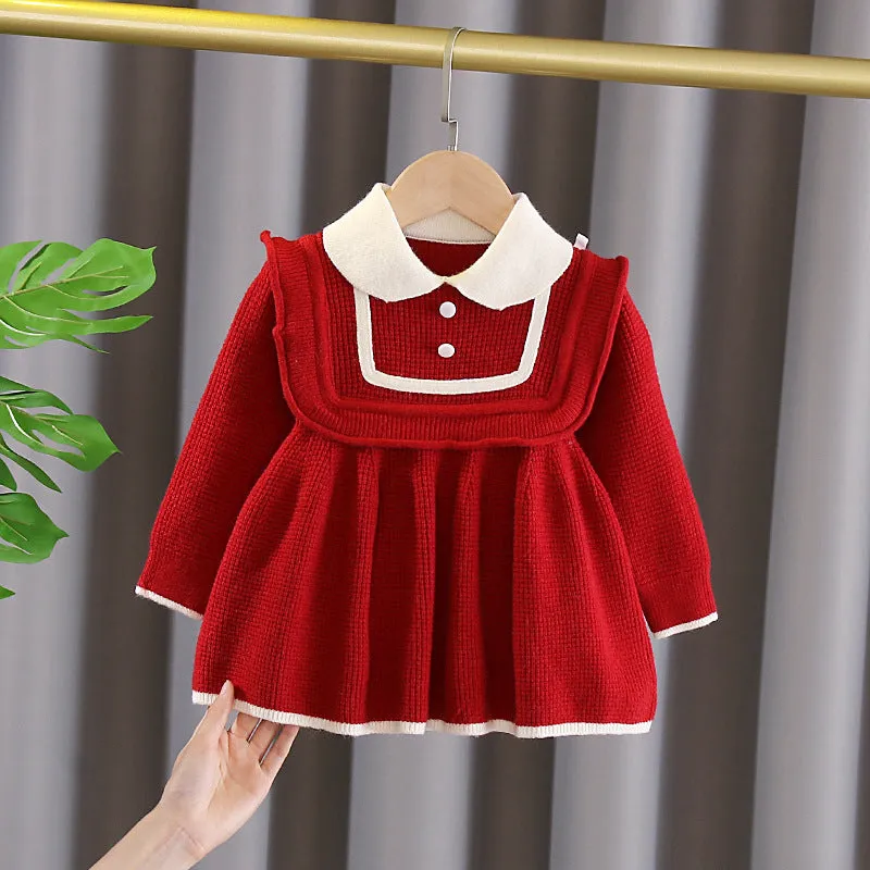 Children's sweater girls cute doll collar sweater skirt autumn and winter new baby sweet knitted dress