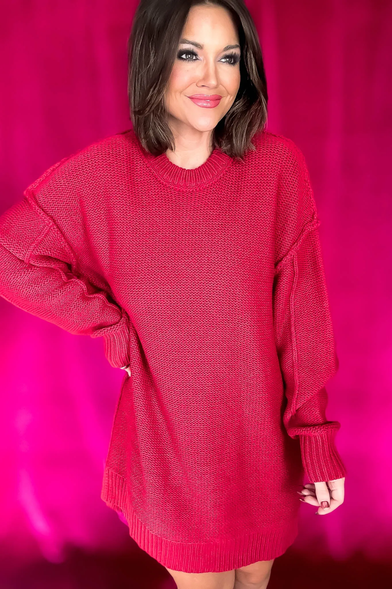 Chunky Red Round Neck Oversized Sweater Mini Dress