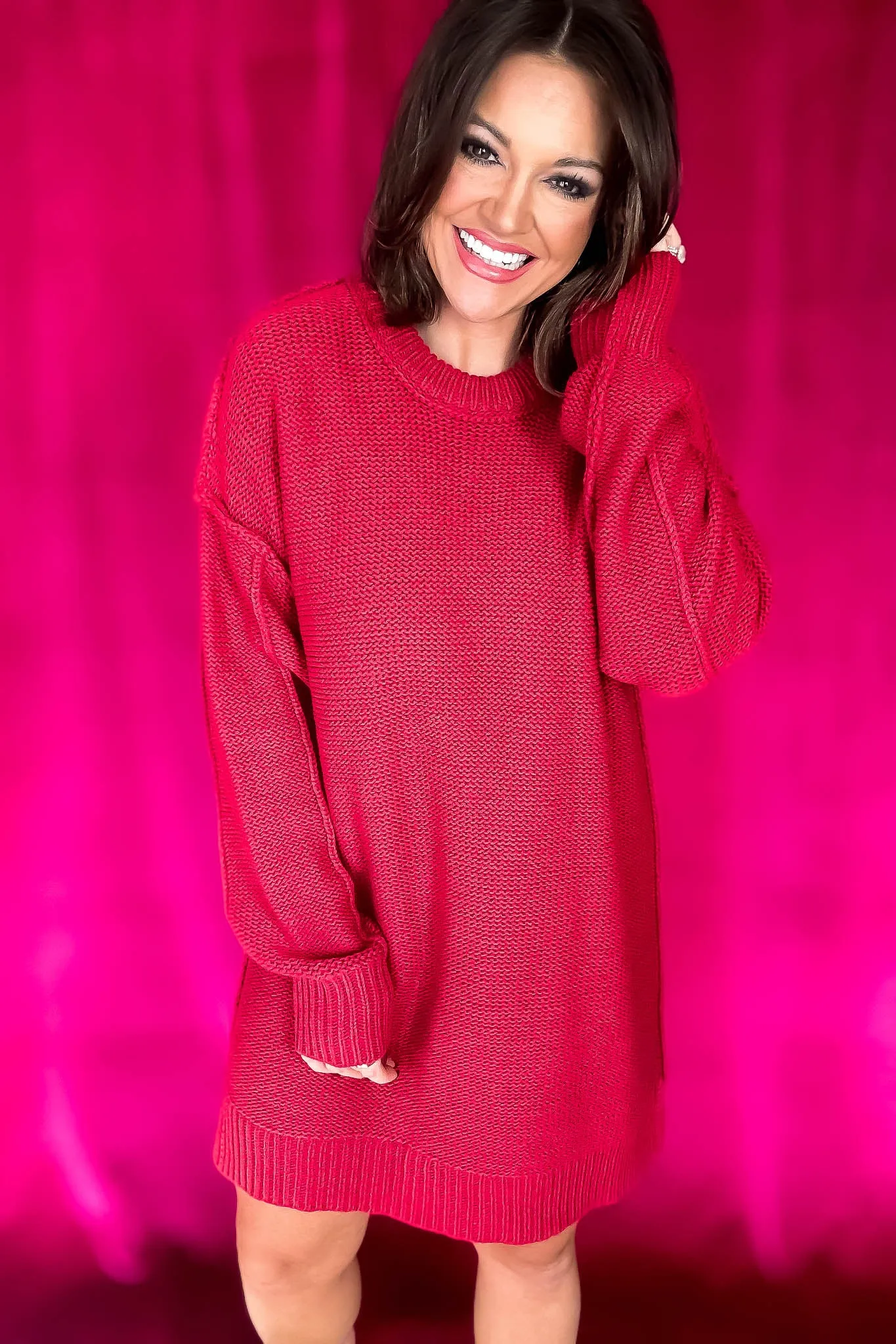 Chunky Red Round Neck Oversized Sweater Mini Dress