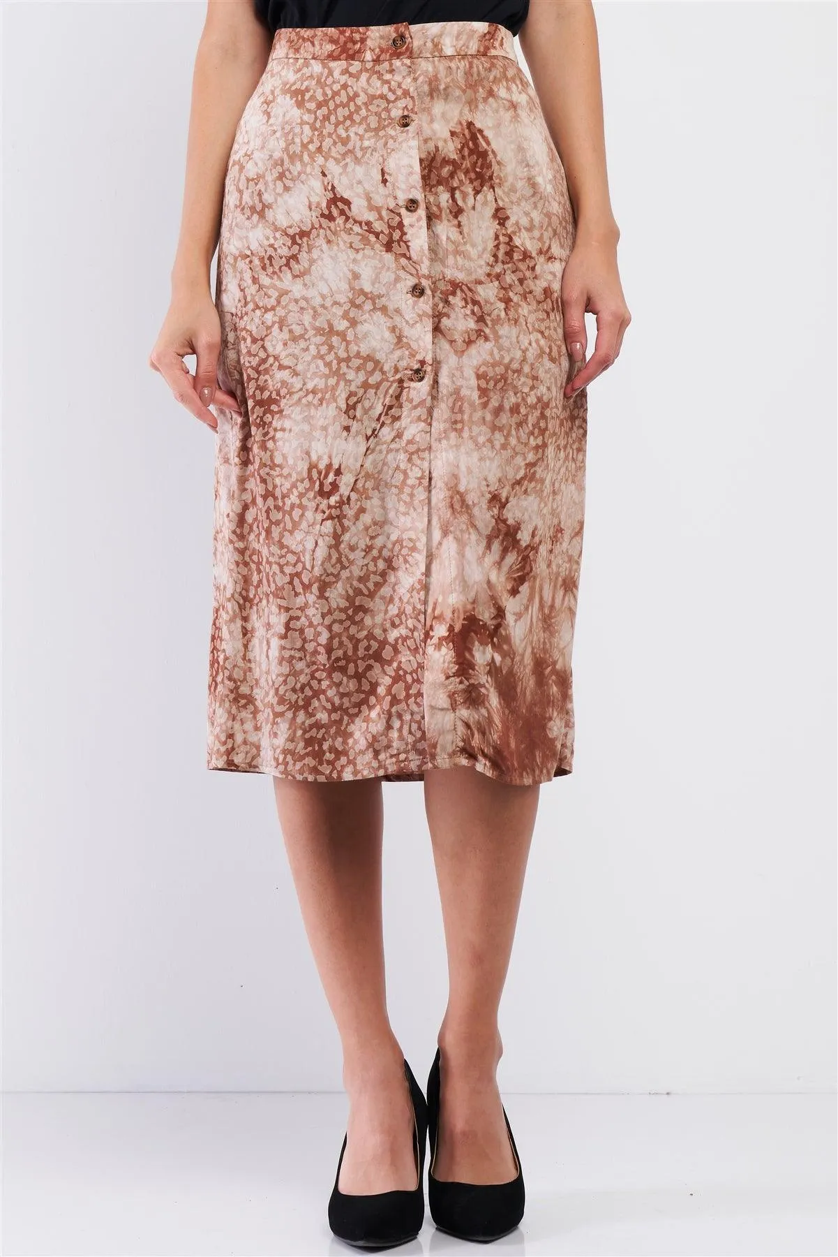 Coffee Cream Tie Dye High Waisted Front Button Down Midi Skirt /3-2-1