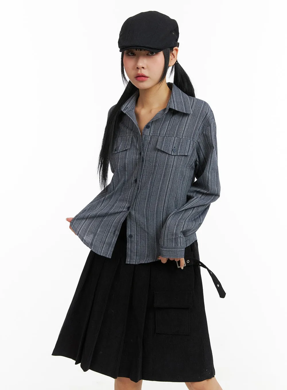 Collar Stripe Button Long Sleeve Shirt CJ411