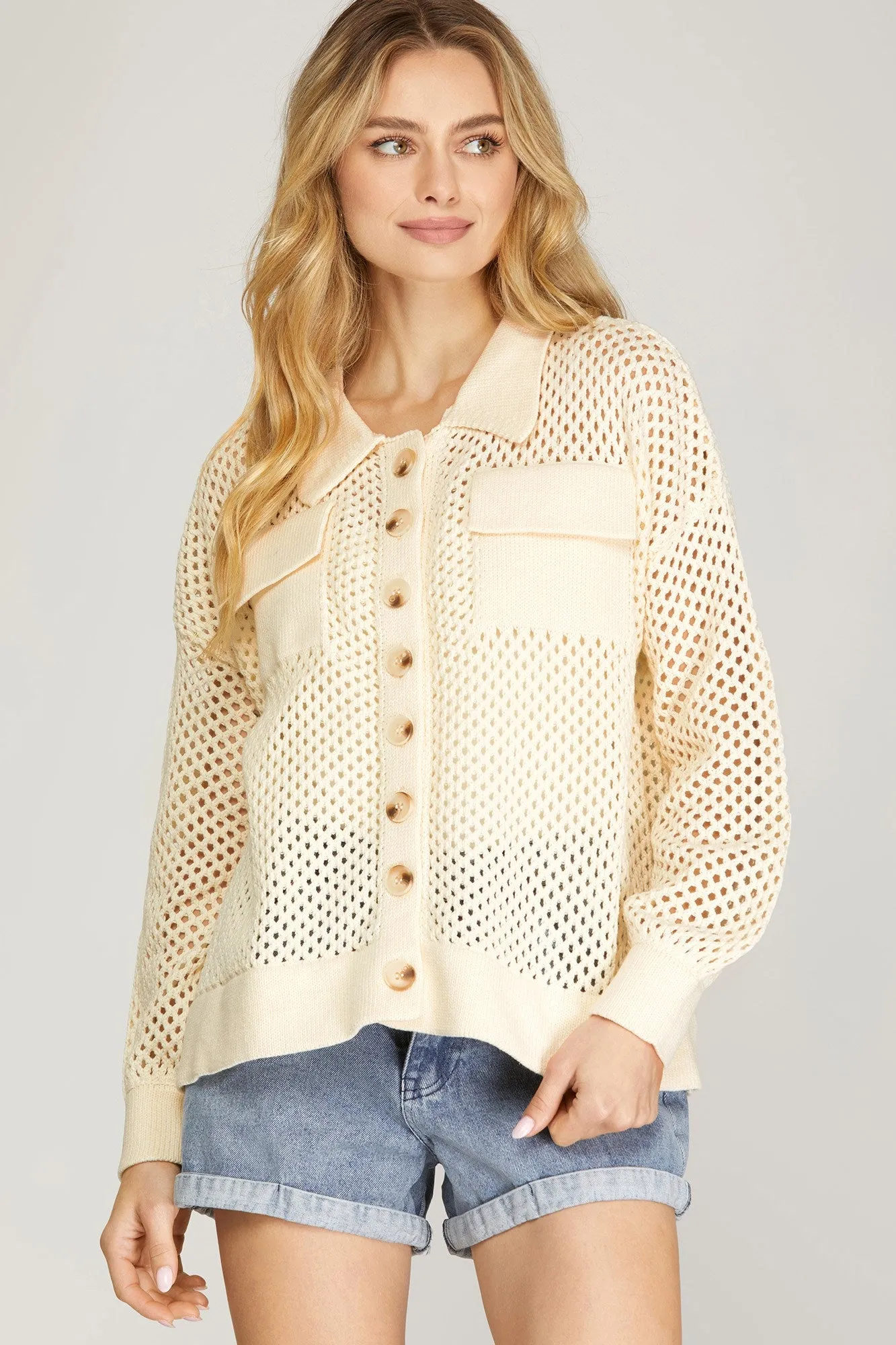 Collared Fish-Net Button Down Pocket Sweater