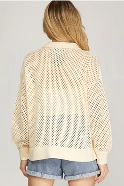 Collared Fish-Net Button Down Pocket Sweater