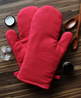 Cotton Solid Cherry Red Oven Gloves Pack Of 2