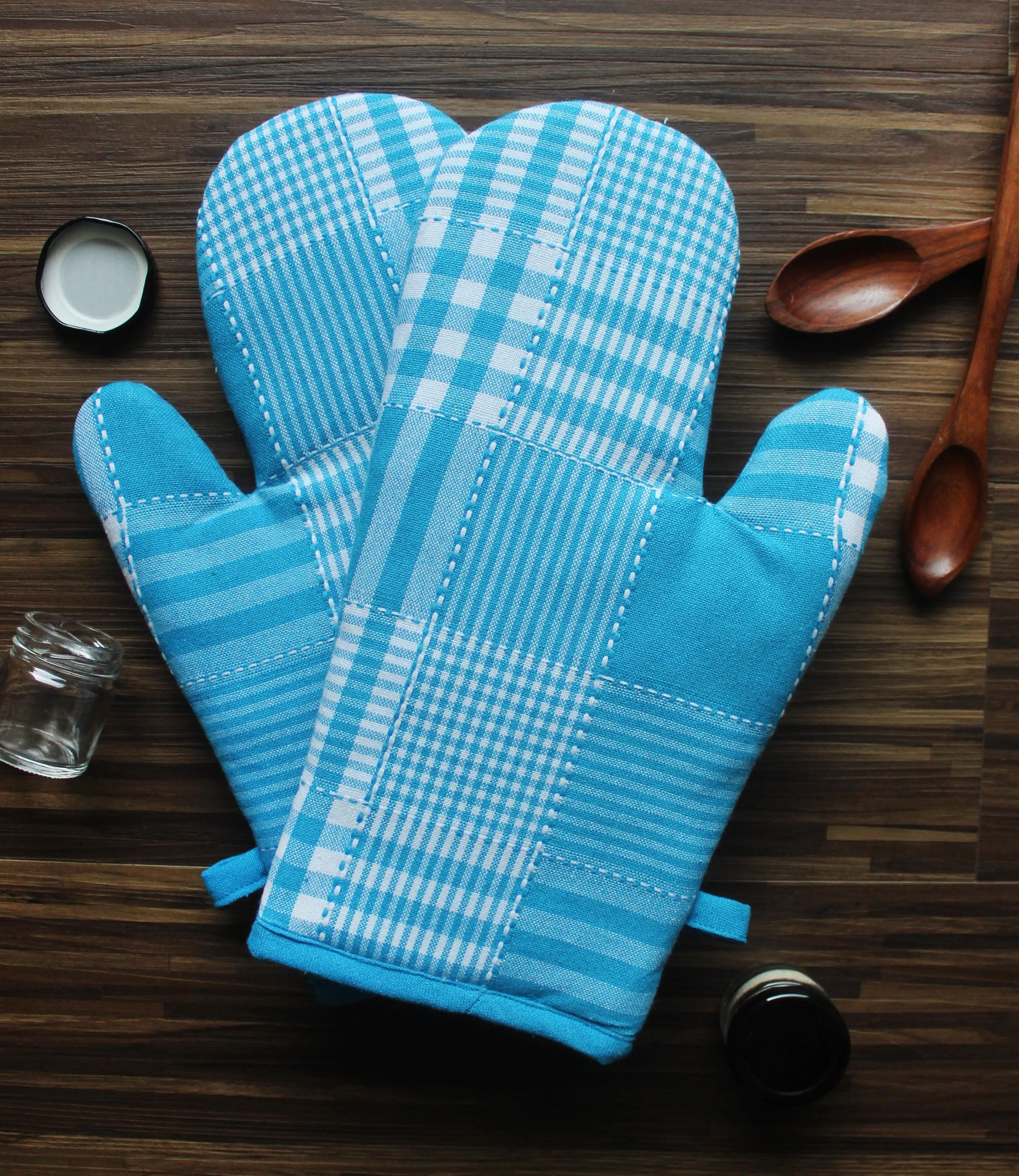 Cotton Track Dobby Blue Oven Gloves Pack Of 2