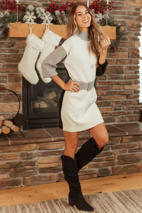 Cream Colorblock Belted Sweater Mini Dress