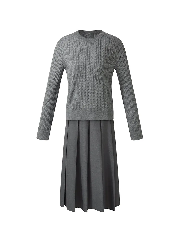 Crew Neck Sweater And Pleated Midi Skirt Two-Piece Set