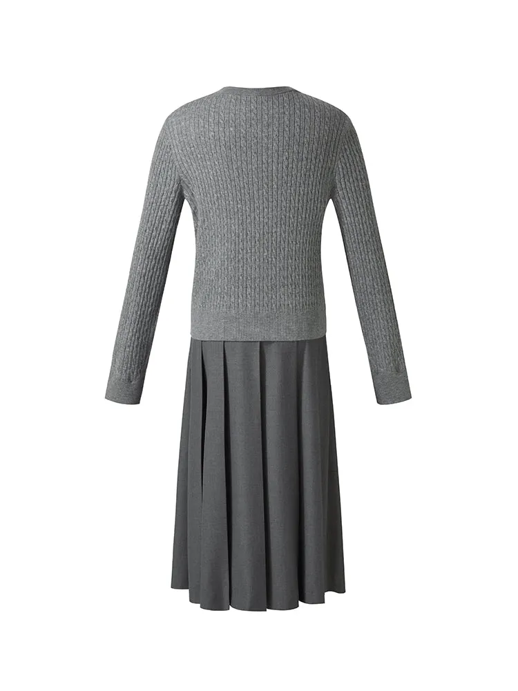 Crew Neck Sweater And Pleated Midi Skirt Two-Piece Set