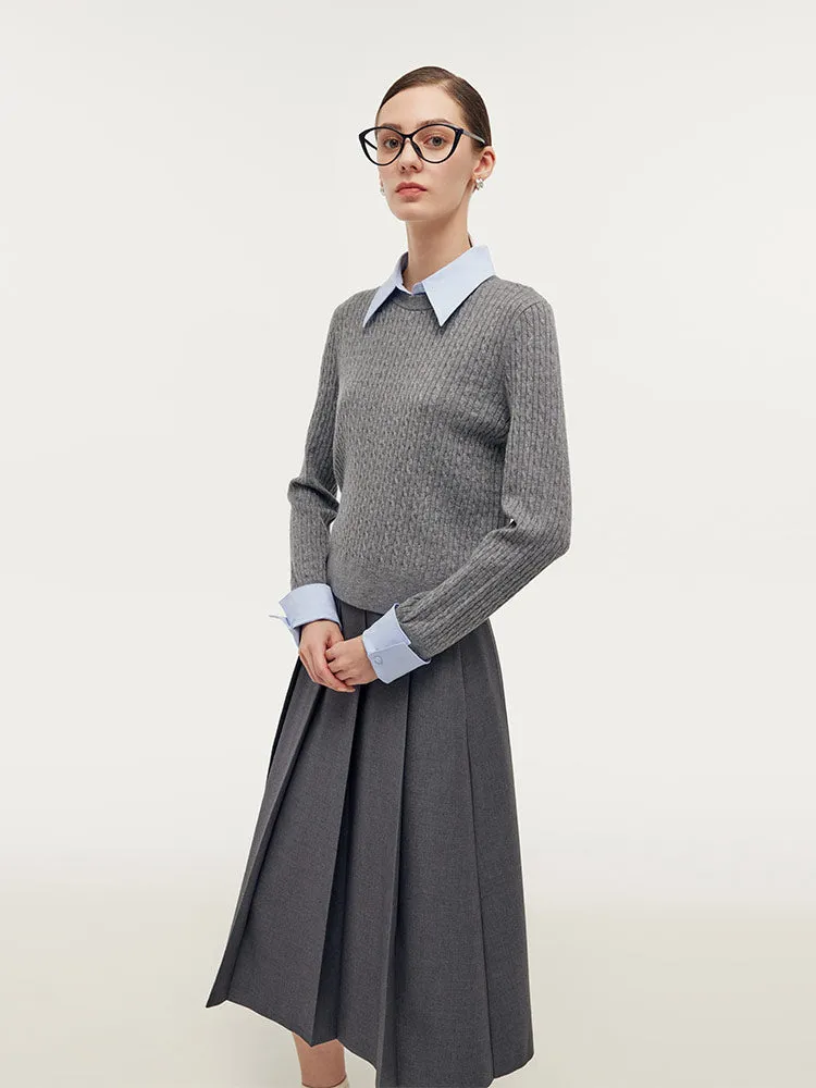 Crew Neck Sweater And Pleated Midi Skirt Two-Piece Set