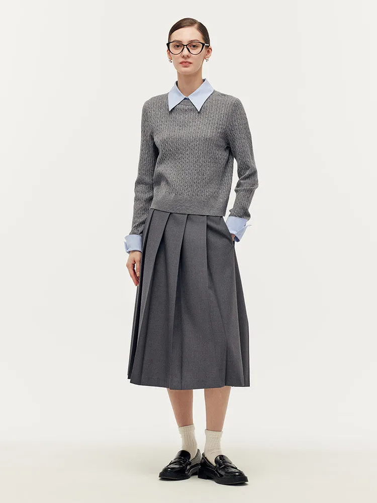 Crew Neck Sweater And Pleated Midi Skirt Two-Piece Set