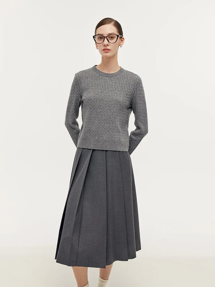 Crew Neck Sweater And Pleated Midi Skirt Two-Piece Set