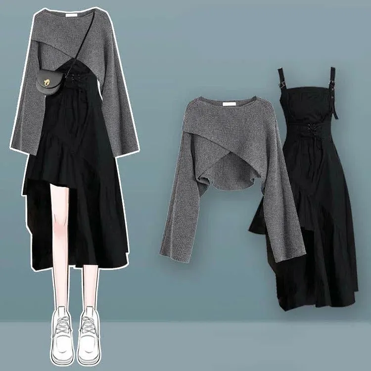 Cross Knit Sweater Lace Up Ruffled Slip Dress Two Piece Set