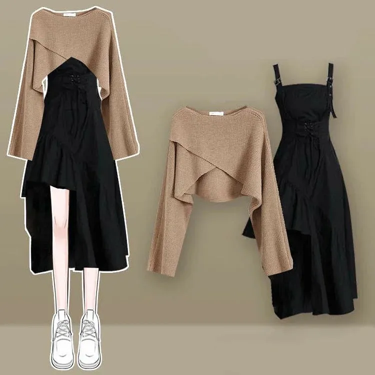 Cross Knit Sweater Lace Up Ruffled Slip Dress Two Piece Set