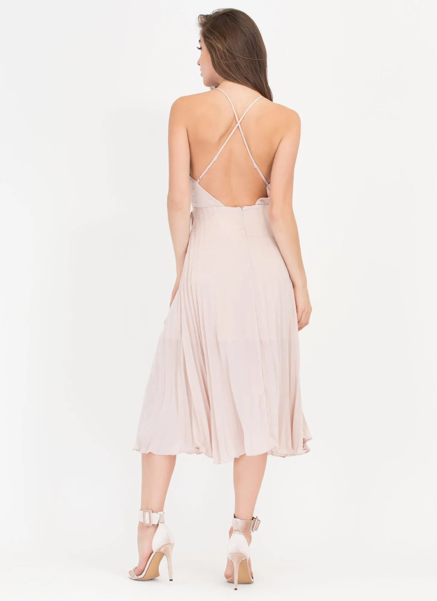 Cross Me Plunging 'N Pleated Satin Dress