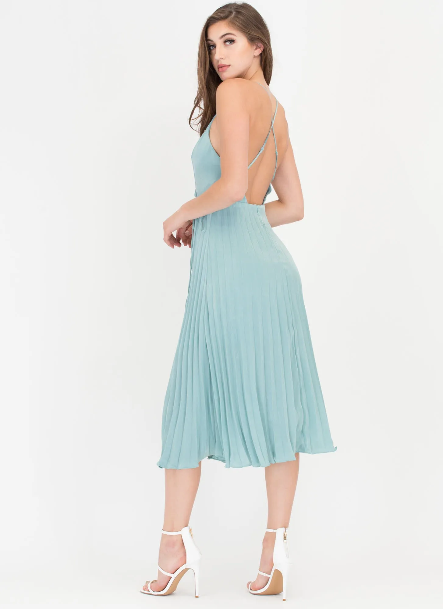 Cross Me Plunging 'N Pleated Satin Dress