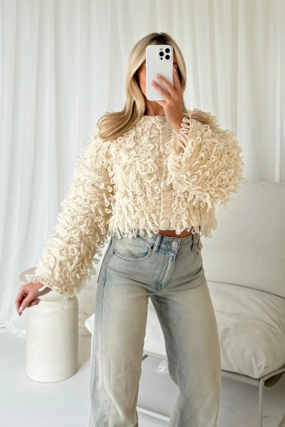 Daisy cream shaggy knit cardigan