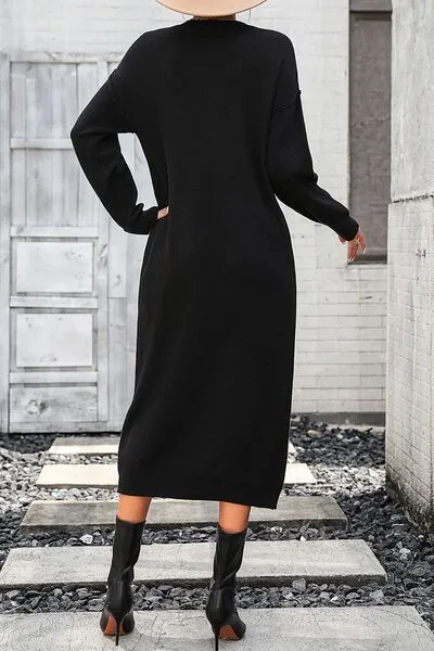 Decorative Button Notched Dropped Shoulder Sweater Dress