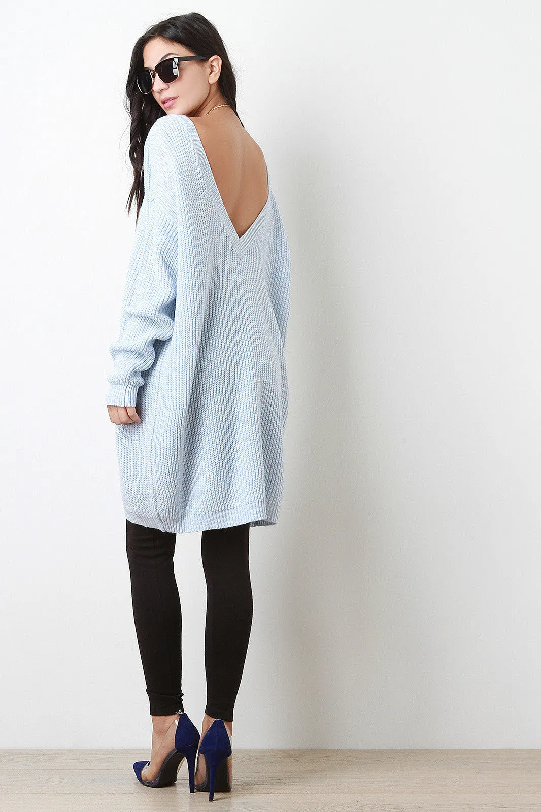 Deep Back V-Neck Long Sleeves Sweater Dress