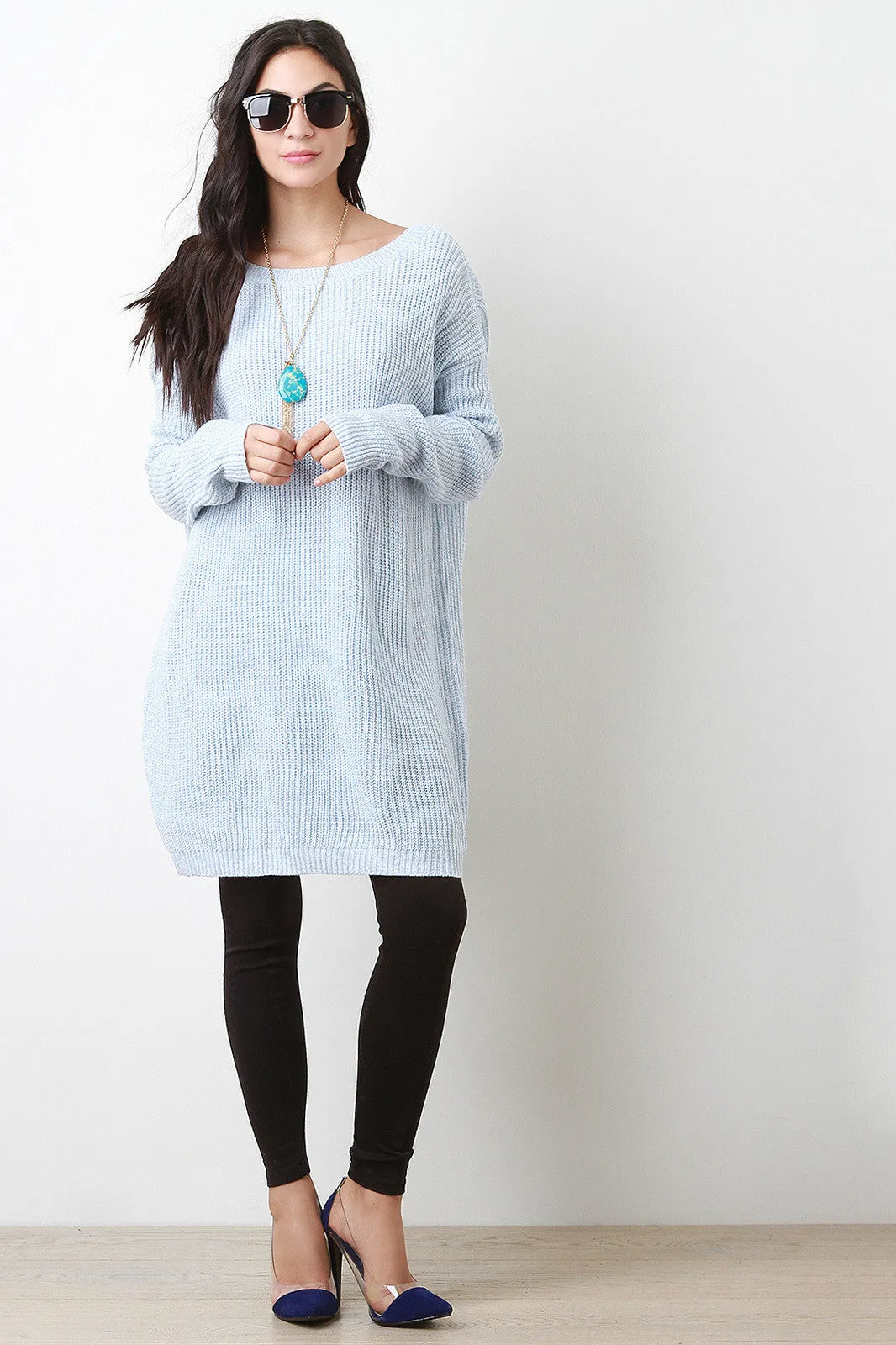 Deep Back V-Neck Long Sleeves Sweater Dress