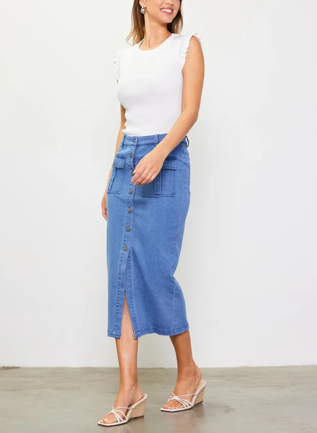 Denim Button Down Midi Skirt