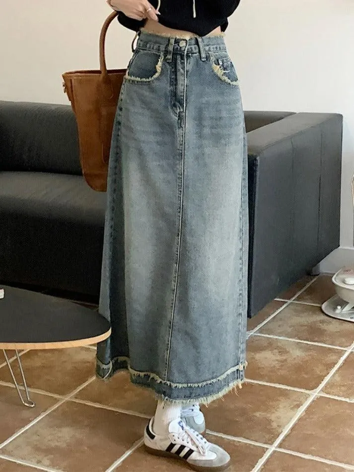 Denim Raw Edge Hem Midi Skirt