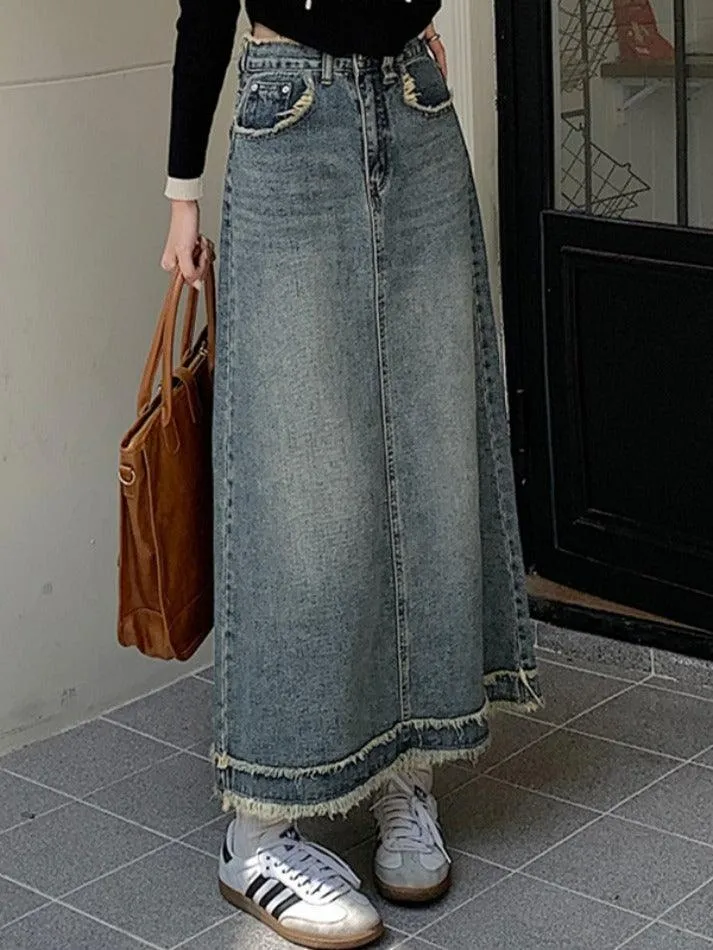 Denim Raw Edge Hem Midi Skirt