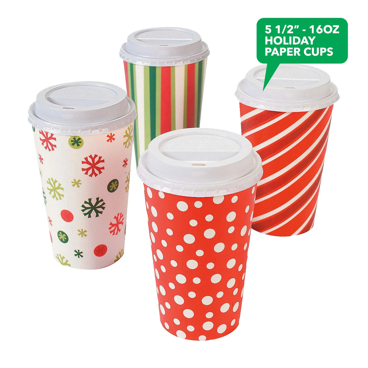 Disposable Coffee or Hot Chocolate Cups and Lids - Holiday Design (12-ct with Blank Kraft Sleeves)