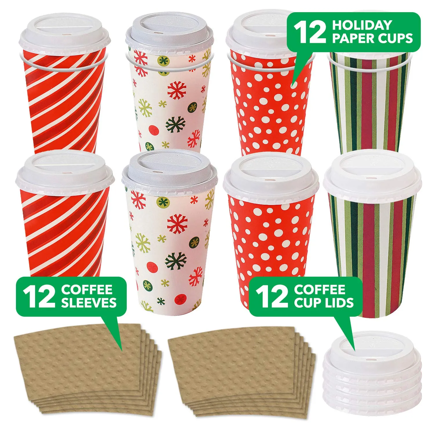 Disposable Coffee or Hot Chocolate Cups and Lids - Holiday Design (12-ct with Blank Kraft Sleeves)