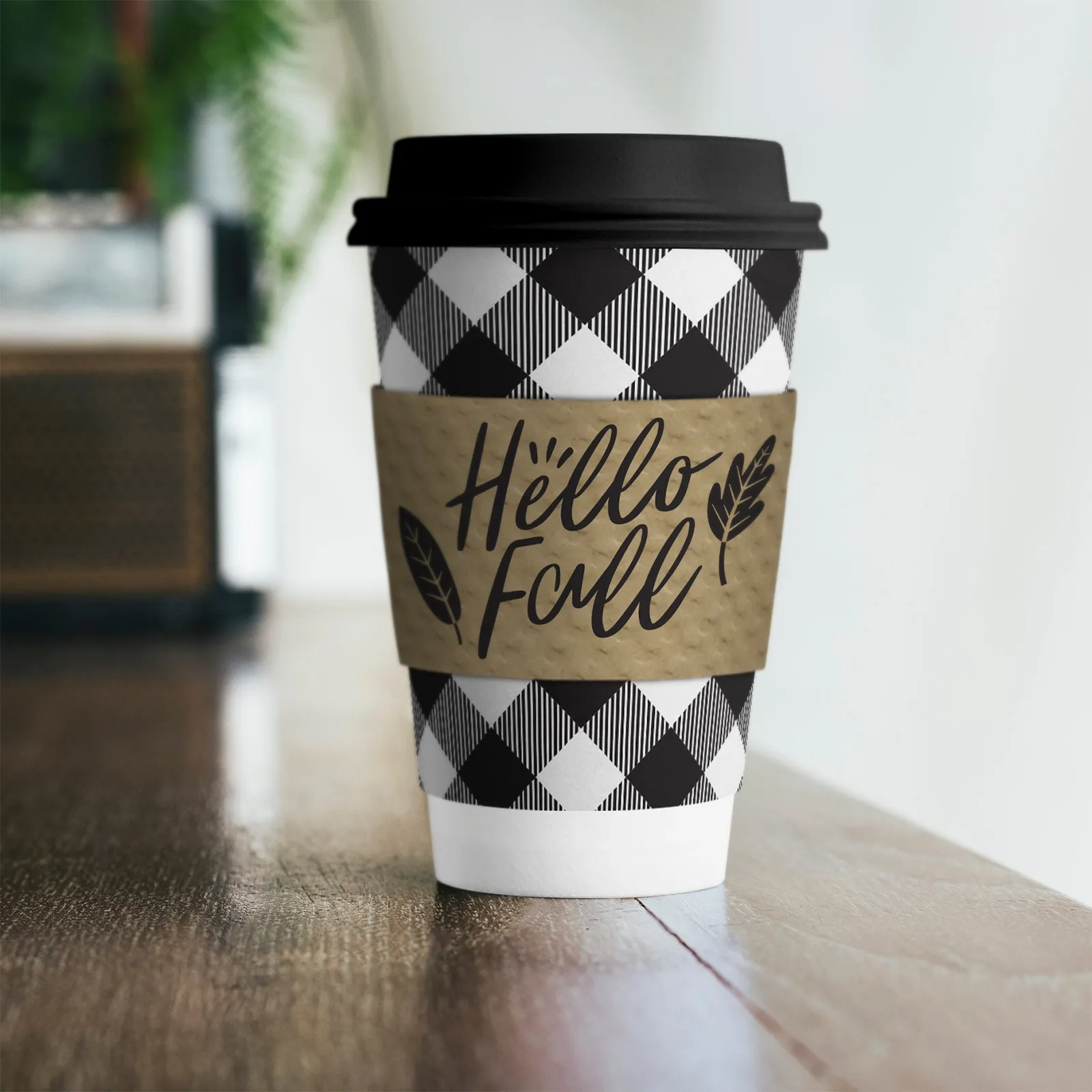 Disposable Coffee or Hot Chocolate Cups - Buffalo Plaid (Black and White Buffalo Plaid With Lids & Kraft Cup Sleeves in Assorted Fall Designs (Serves 12))