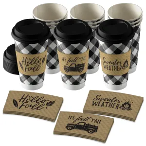 Disposable Coffee or Hot Chocolate Cups - Buffalo Plaid (Black and White Buffalo Plaid With Lids & Kraft Cup Sleeves in Assorted Fall Designs (Serves 12))