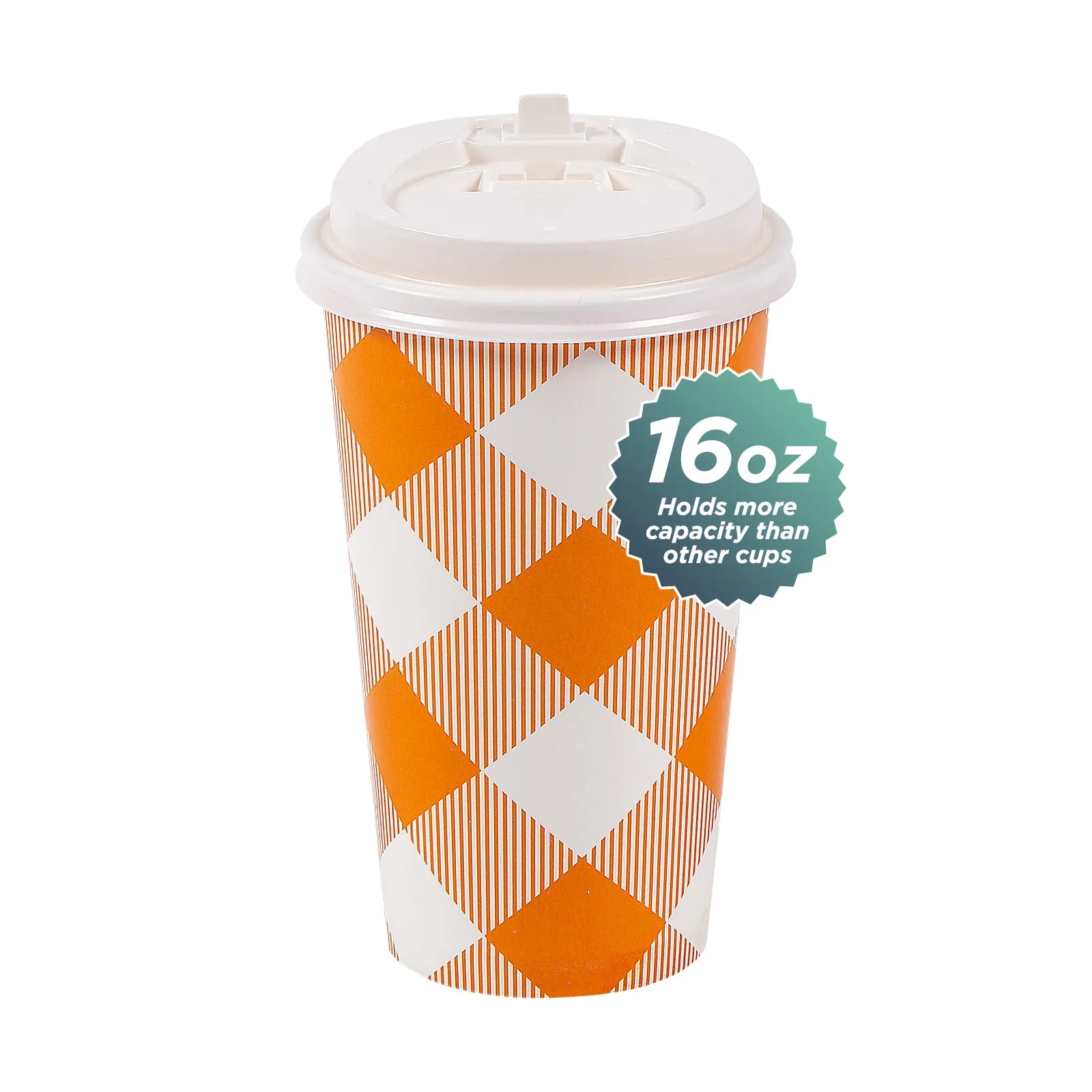 Disposable Coffee or Hot Chocolate Cups - Pumpkin Orange Buffalo Plaid With Lids & Kraft Cup Sleeves in Assorted Fall Designs (Serves 12)