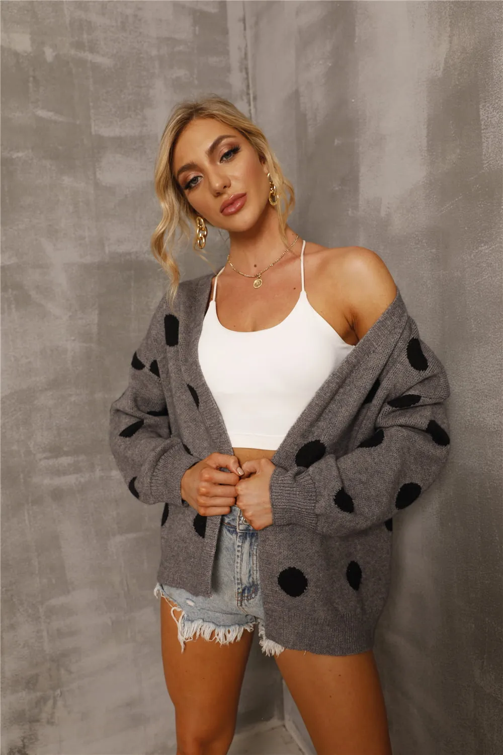 Dropped Shoulder Polka Dot Cardigan