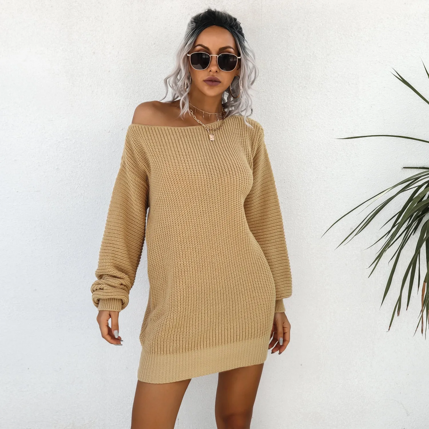 DUNNMALL  Our Popular  Cross-Border Women's Clothing Autumn and Winter Dress European and American Leisure off-the-Shoulder Lantern Sleeve Knitted Sweater Dress