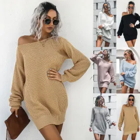 DUNNMALL  Our Popular  Cross-Border Women's Clothing Autumn and Winter Dress European and American Leisure off-the-Shoulder Lantern Sleeve Knitted Sweater Dress