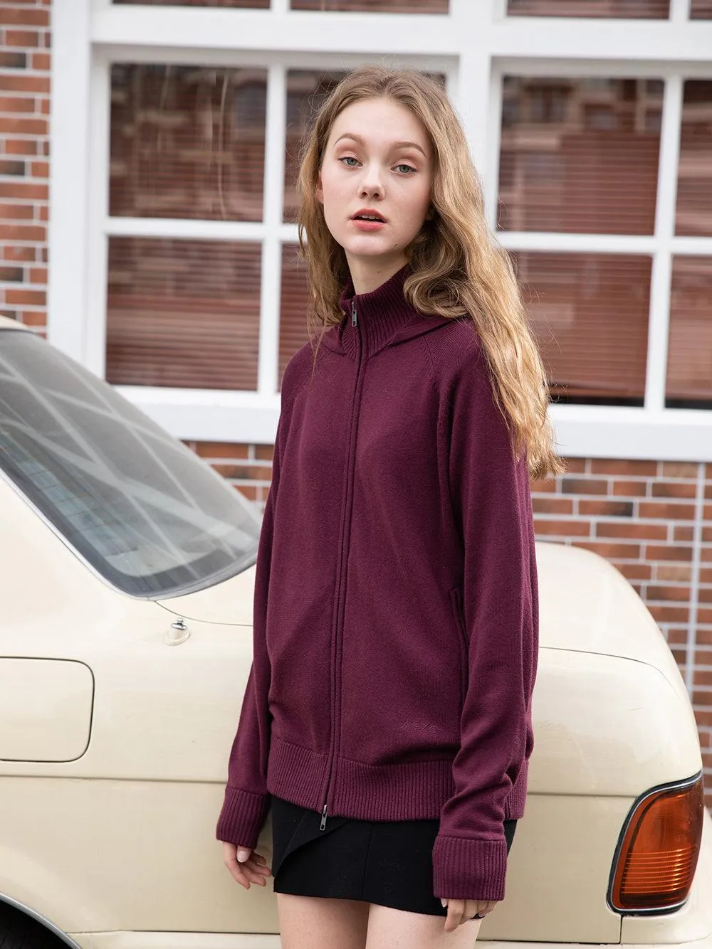 Eco Innovative Hoodie Sweater in Burgundy 拉鍊連帽針織毛衣 (早紅色)