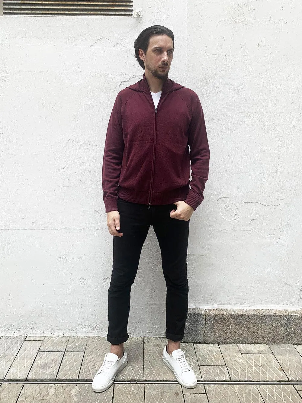 Eco Innovative Hoodie Sweater in Burgundy 拉鍊連帽針織毛衣 (早紅色)