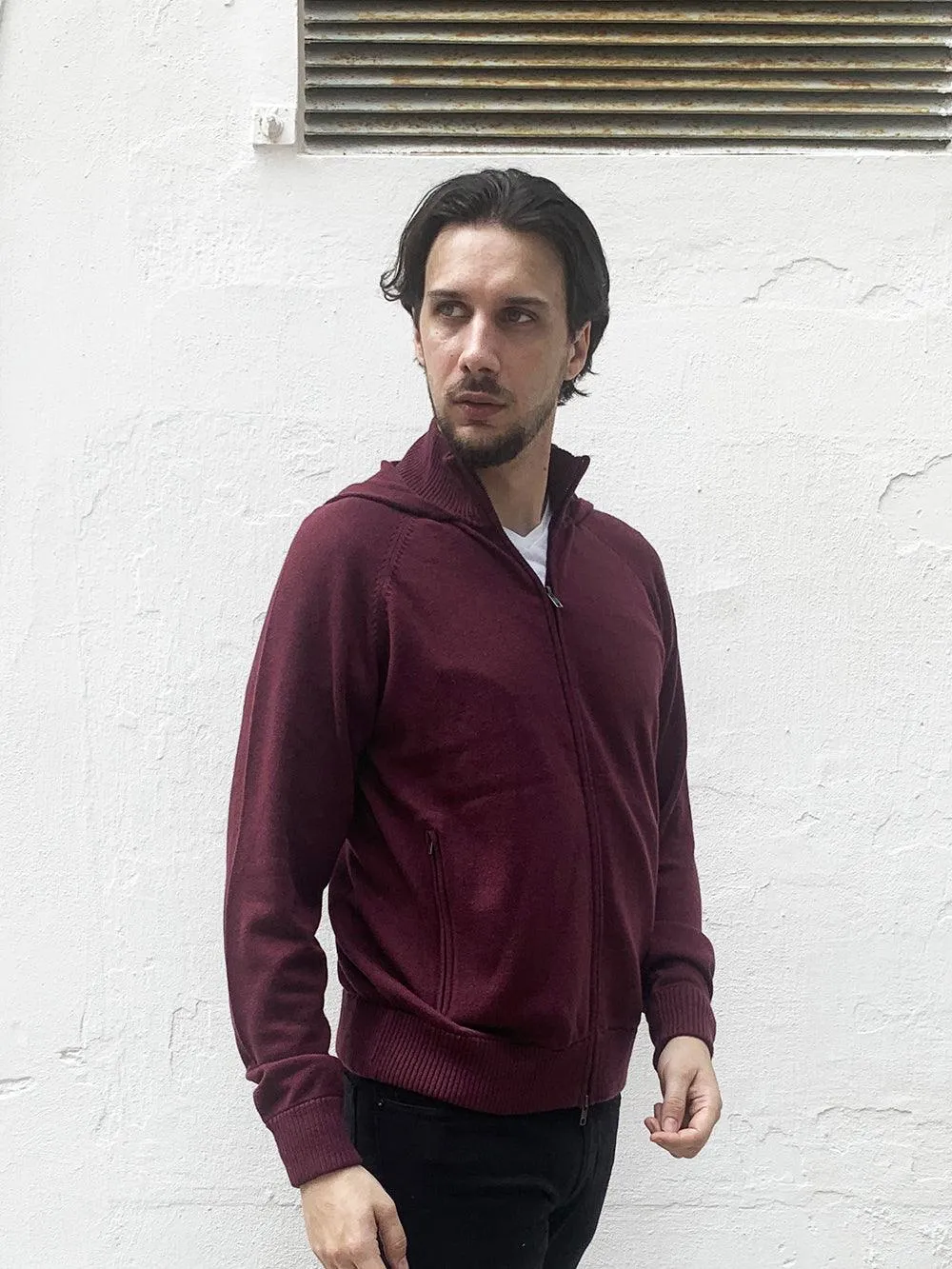 Eco Innovative Hoodie Sweater in Burgundy 拉鍊連帽針織毛衣 (早紅色)