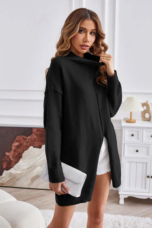 Exposed Seam Mock Neck Slit Sweater