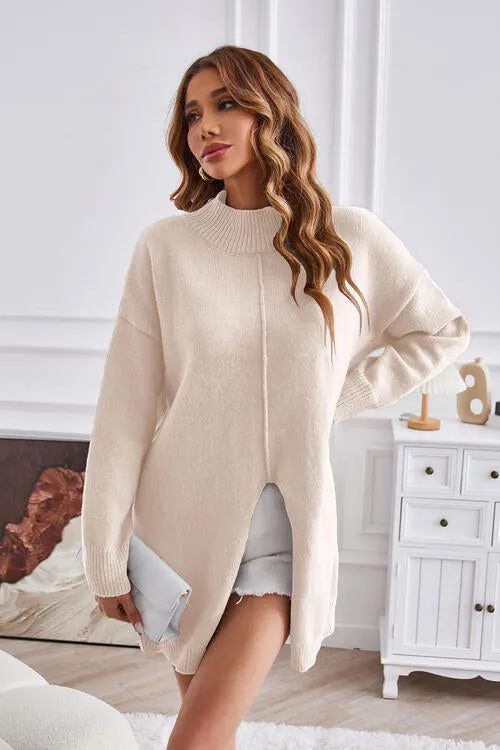 Exposed Seam Mock Neck Slit Sweater